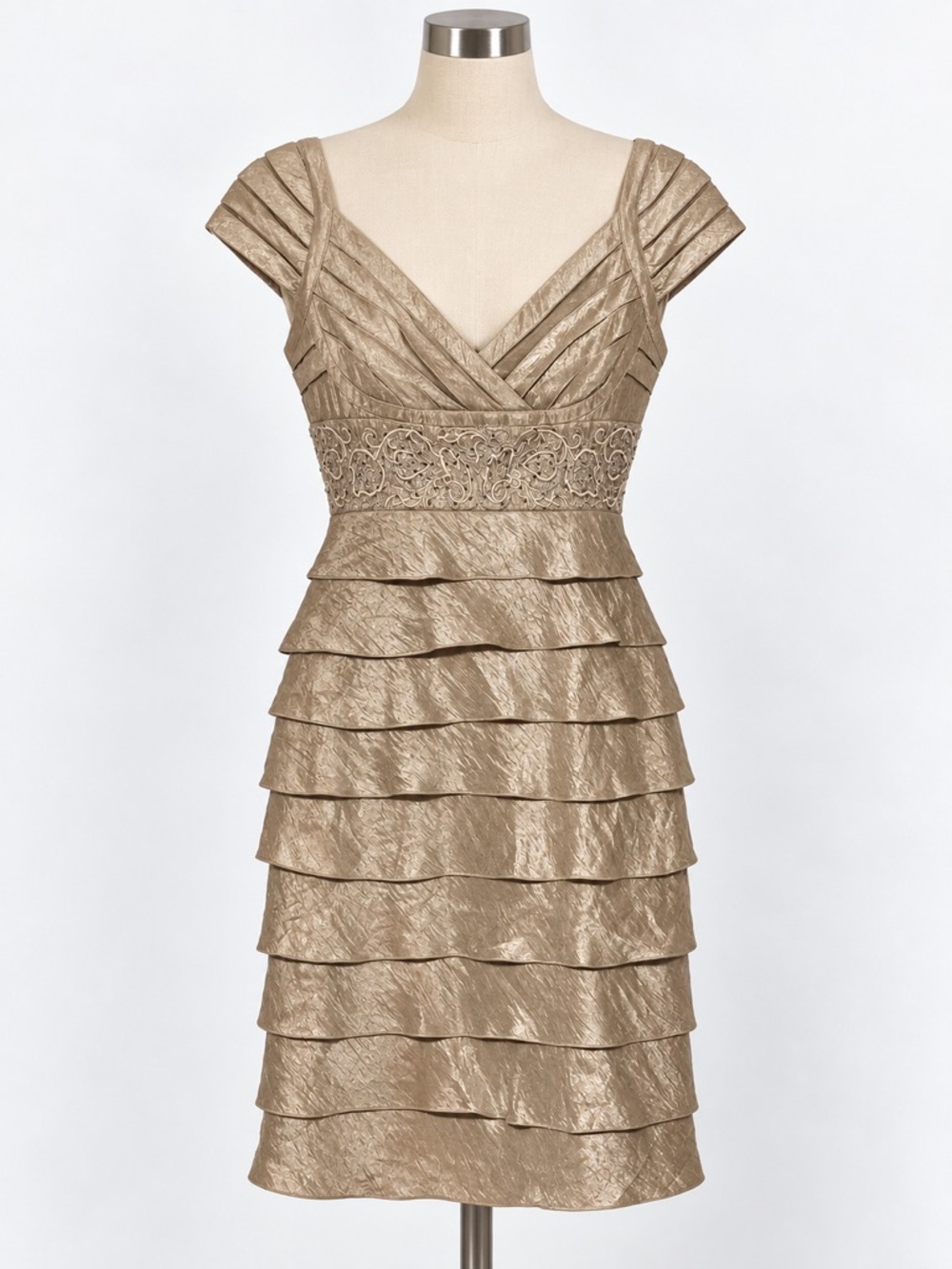 David's Bridal Tiered V-Neck Dress in Champagne Gold